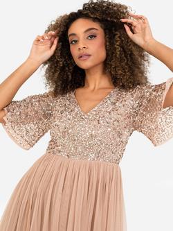 Maya Deluxe Flutter Sleeve Embellished Midi Dress - view 2, Taupe Blush
