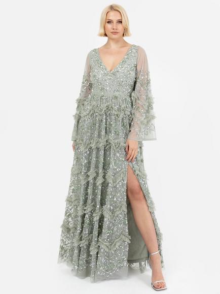 Maya Deluxe Embellished Frill Maxi Dress, Green Lily