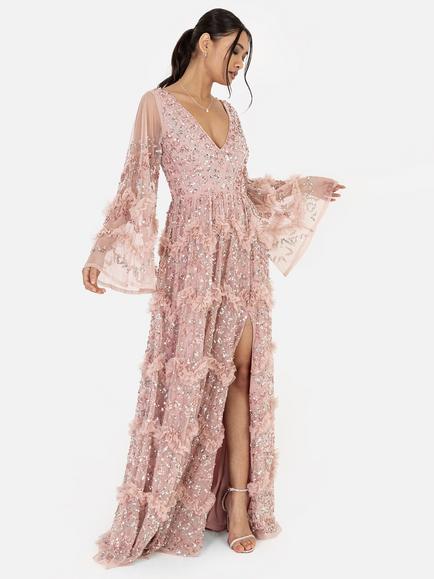 Maya Deluxe Embellished Frill Maxi Dress, Frosted Pink