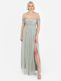 Maya Deluxe Bardot Sequin Tulle Maxi Dress, Green Lily