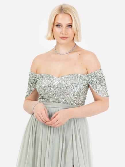 Maya Deluxe Bardot Sequin Tulle Maxi Dress - view 2, Green Lily