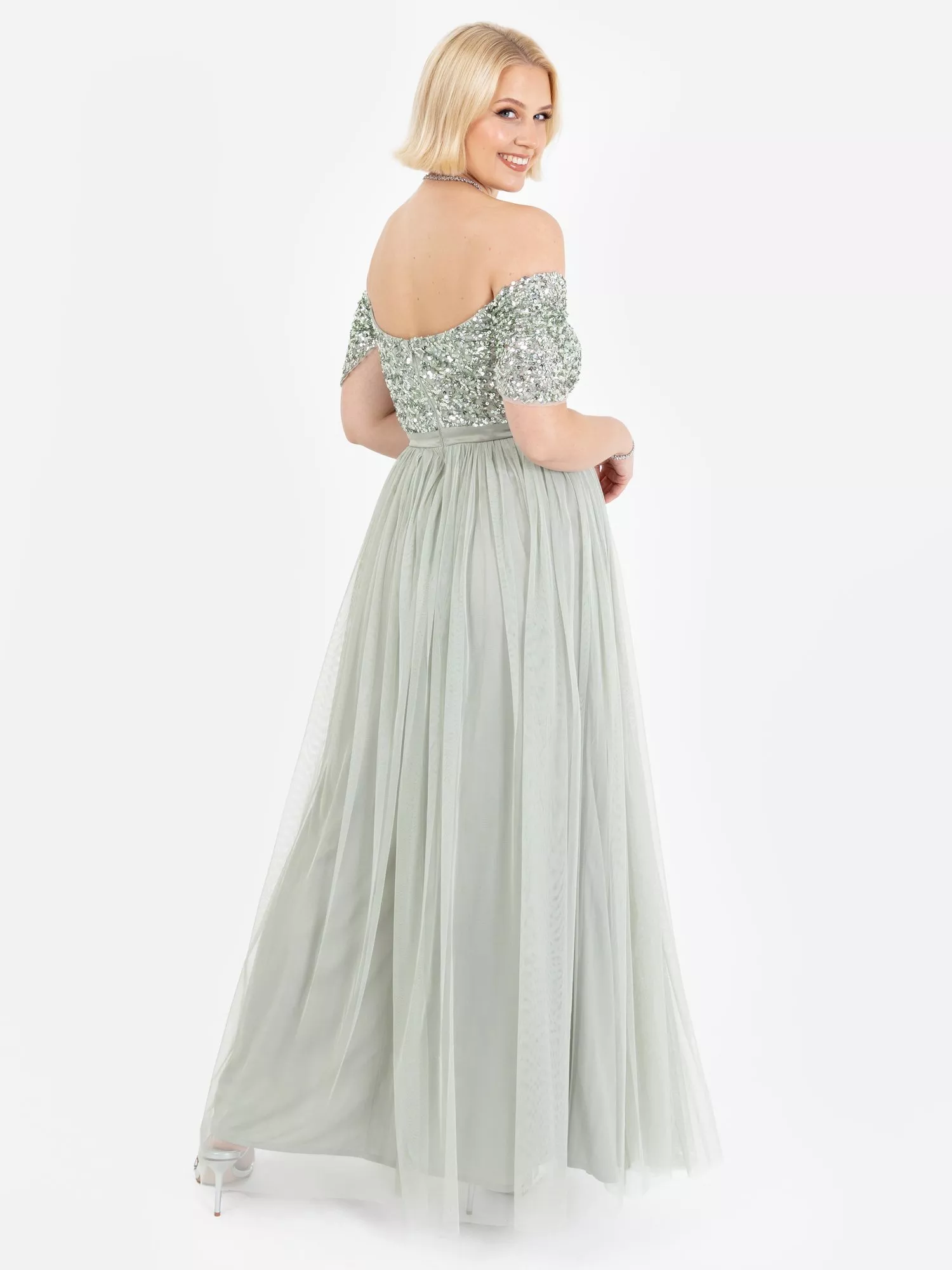 Maya Deluxe Misty Green Bardot verfraaide maxi-jurk voor dames, bruidsmeisje, marineblauw, 36