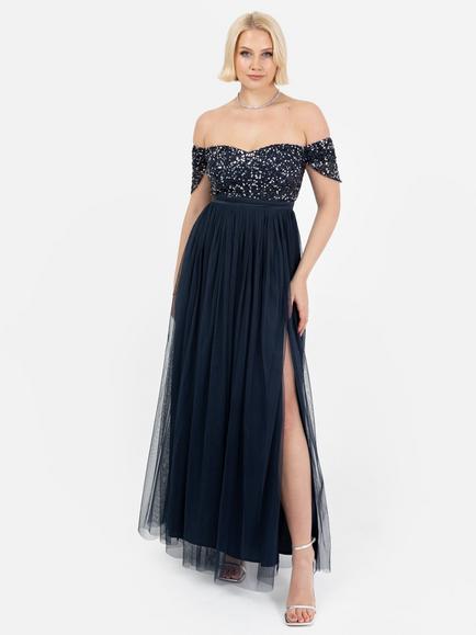 Maya Deluxe Bardot Sequin Tulle Maxi Dress, Navy