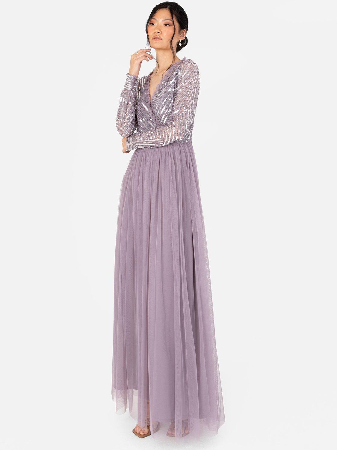 Product image 1 of 4, which shows Maya Deluxe Embellished Faux Wrap Bodice Maxi Dress, Moody Lilac, 6