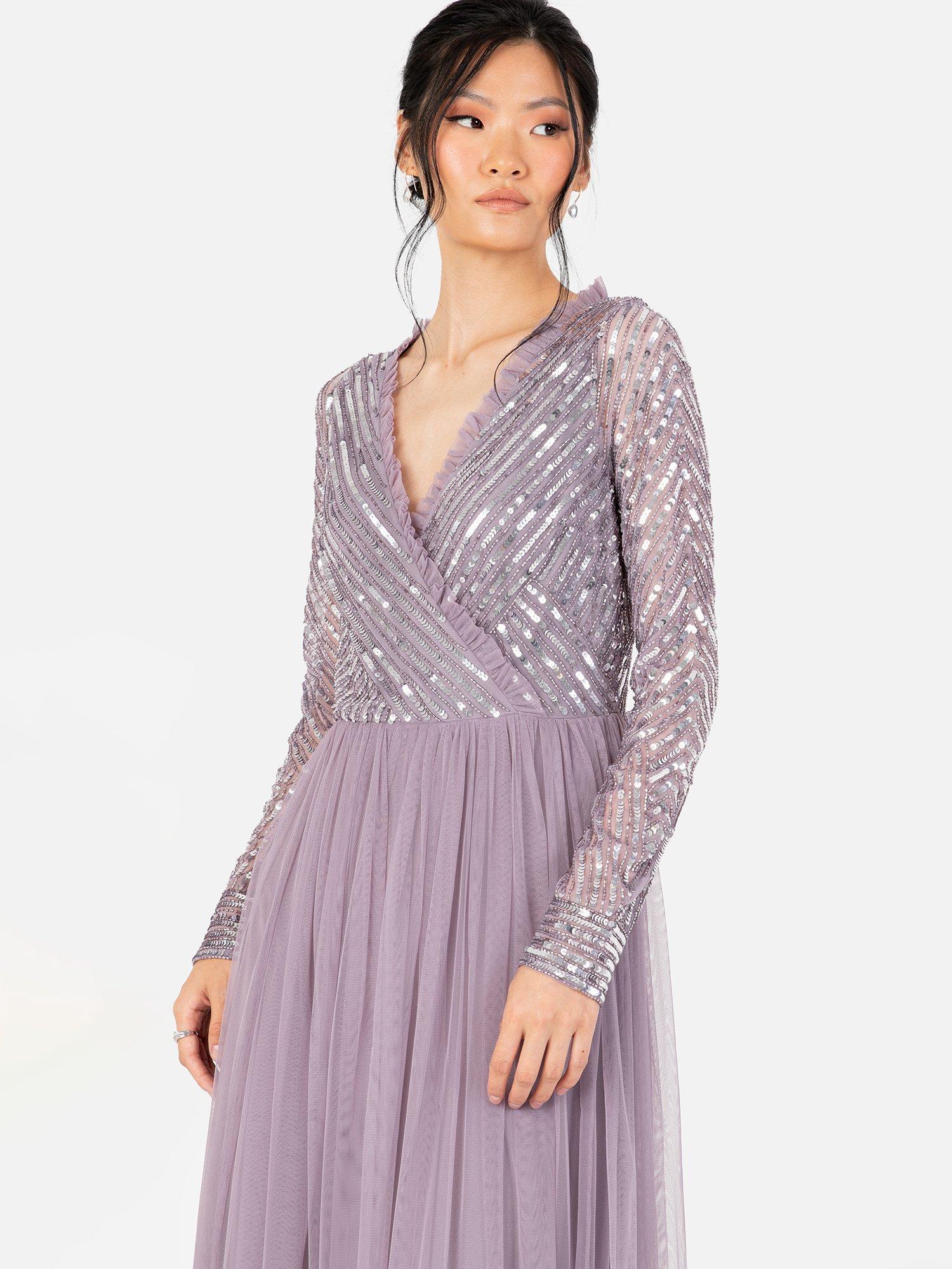 Product image 2 of 4, which shows Maya Deluxe Embellished Faux Wrap Bodice Maxi Dress, Moody Lilac, 6