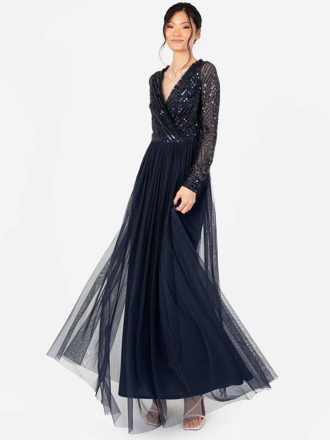 Product image 1 of 4, which shows Maya Deluxe Embellished Faux Wrap Bodice Maxi Dress, Navy, 6