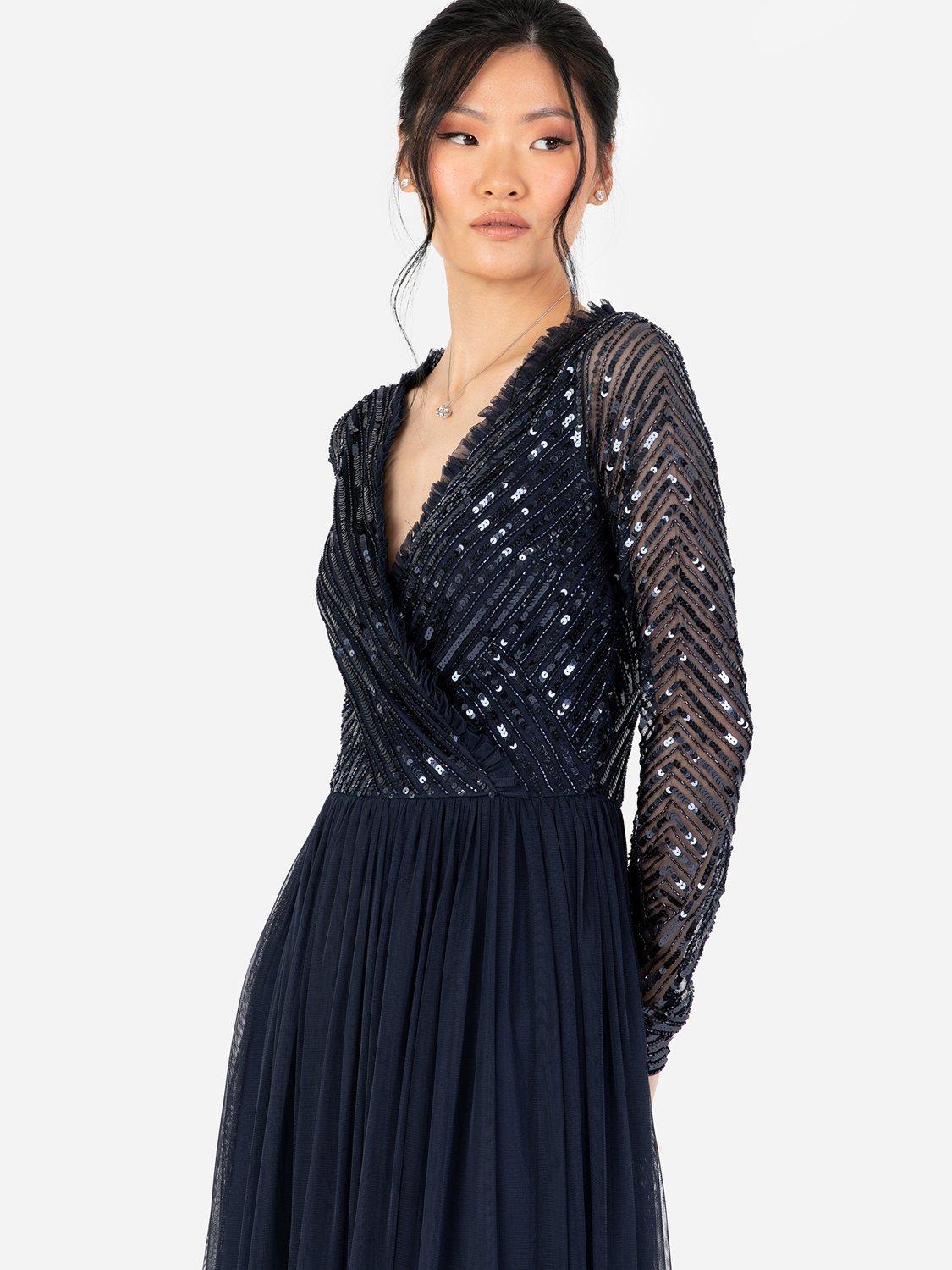 Product image 2 of 4, which shows Maya Deluxe Embellished Faux Wrap Bodice Maxi Dress, Navy, 6