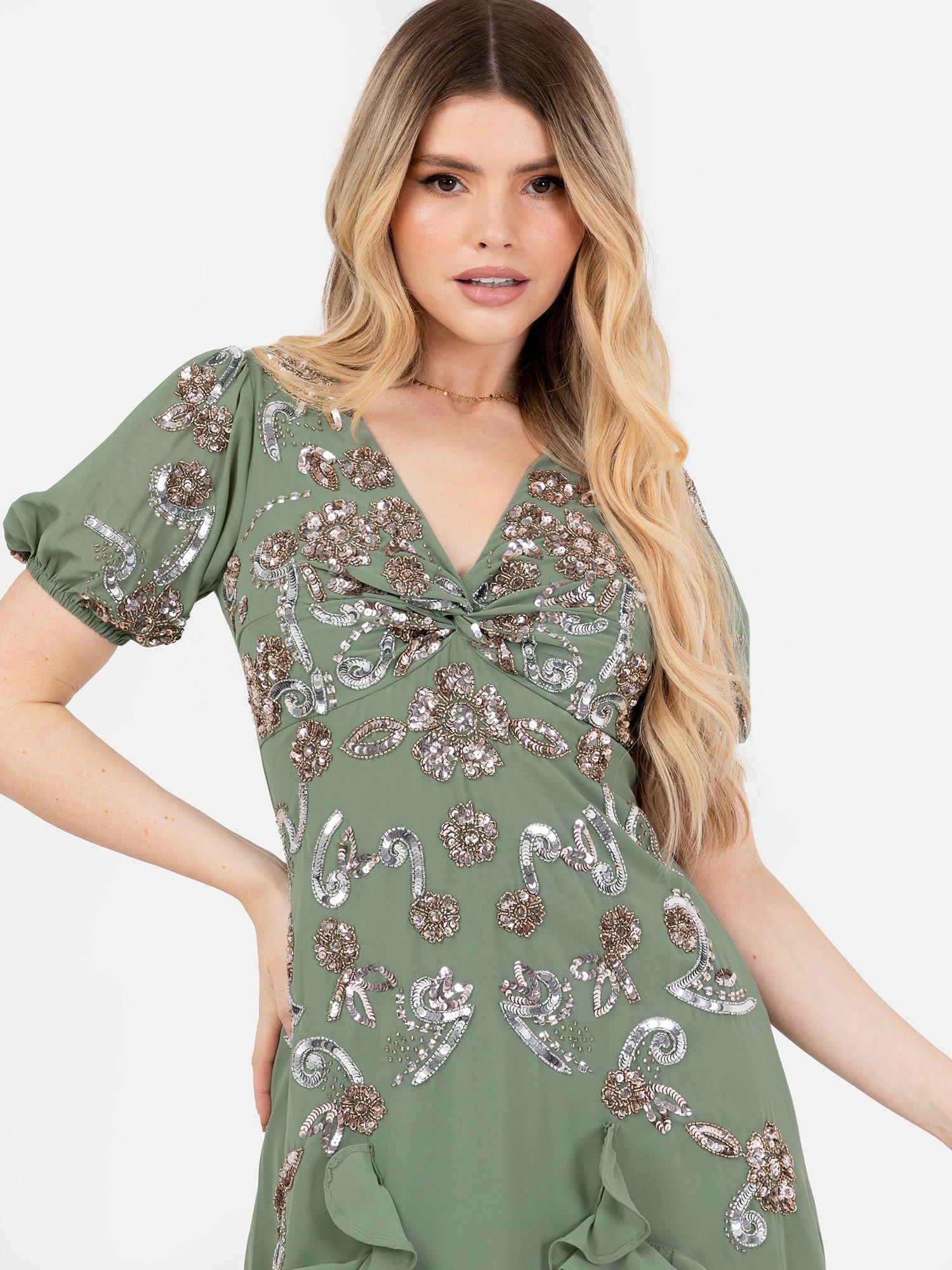 Product image 2 of 4, which shows Maya Deluxe Embellished Twist Bodice Midi Dress, Deep Mint, 6