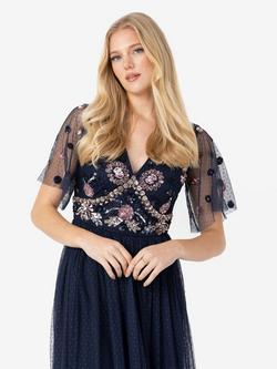 Maya Deluxe Embellished Spot Mesh Maxi Dress, Navy - view 2, Navy