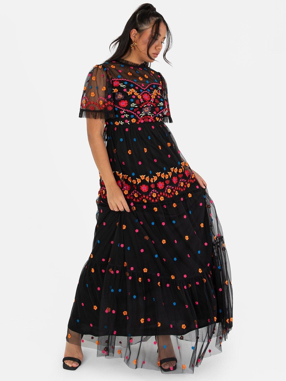 Product image 1 of 4, which shows Maya Deluxe Embroidered Maxi Dress, Black, 6