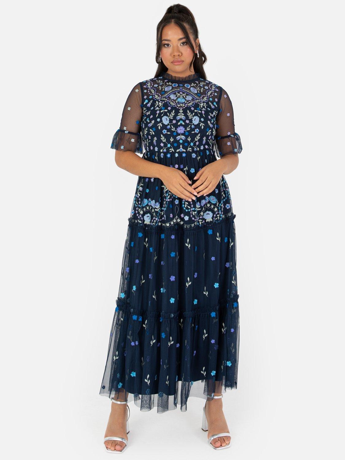 Product image 1 of 4, which shows Maya Deluxe Embroidered Half Sleeve Midi Dress, Navy, 6