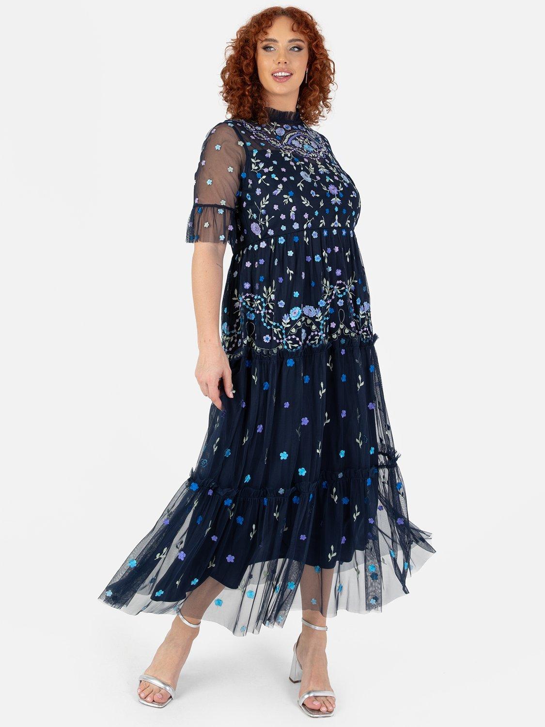 Product image 3 of 4, which shows Maya Deluxe Embroidered Half Sleeve Midi Dress, Navy, 6