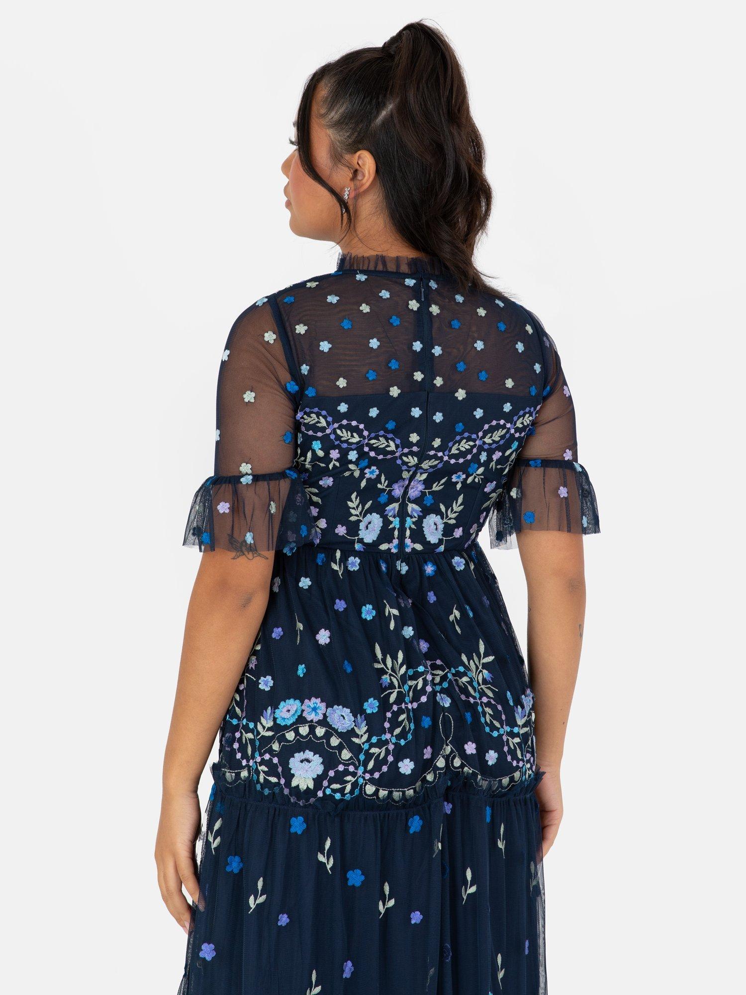 Product image 4 of 4, which shows Maya Deluxe Embroidered Half Sleeve Midi Dress, Navy, 6