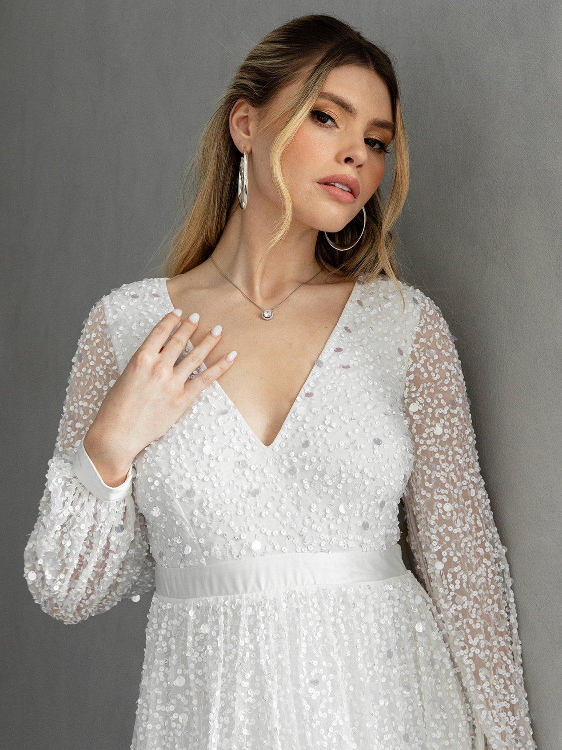 Product image 3 of 4, which shows Maya Deluxe Embellished Blouson Sleeve Wedding Dress, Ivory, 6
