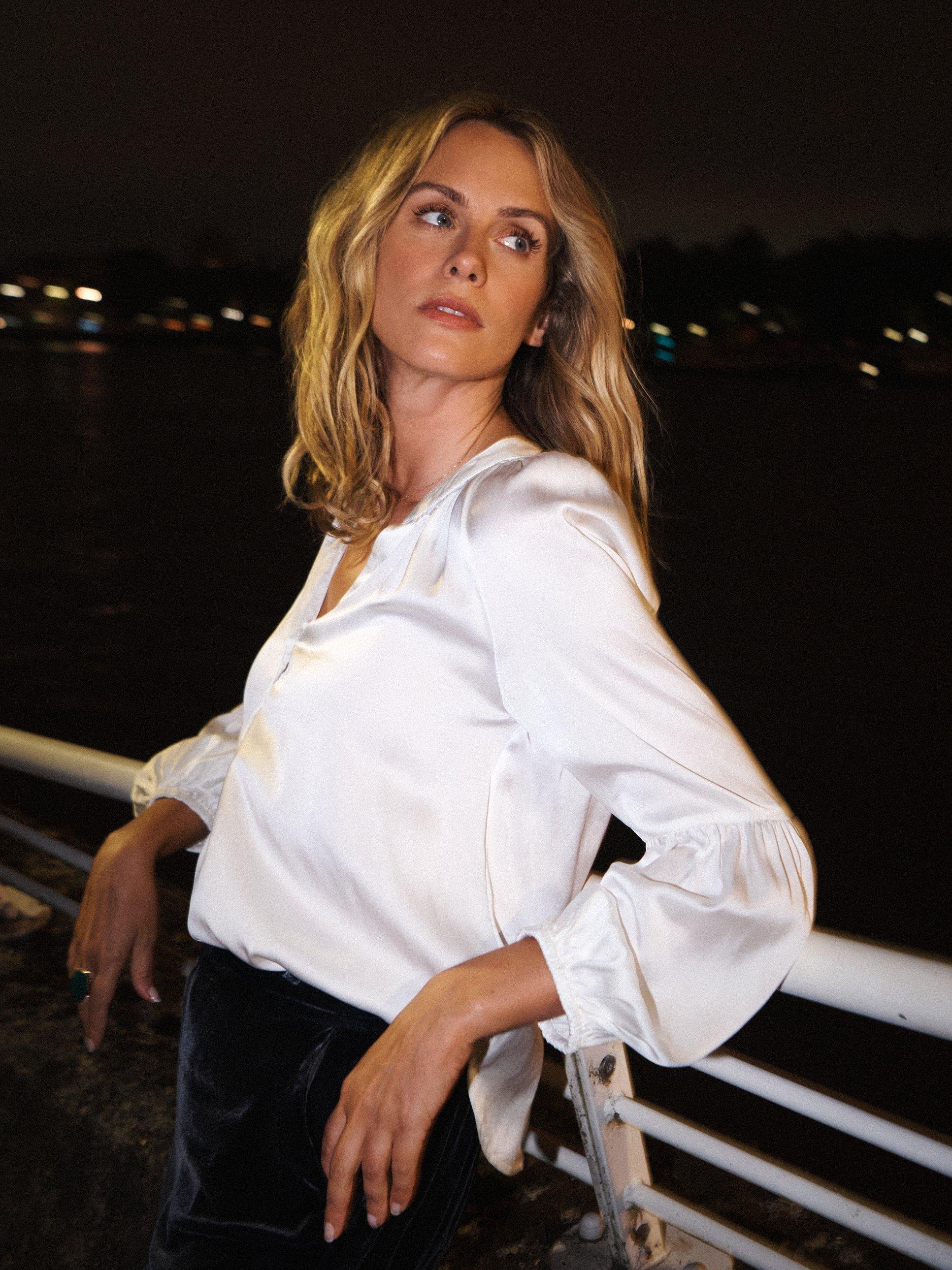 Product image 3 of 6, which shows NRBY Ophelia Silk Satin Shirt, Ivory, XS