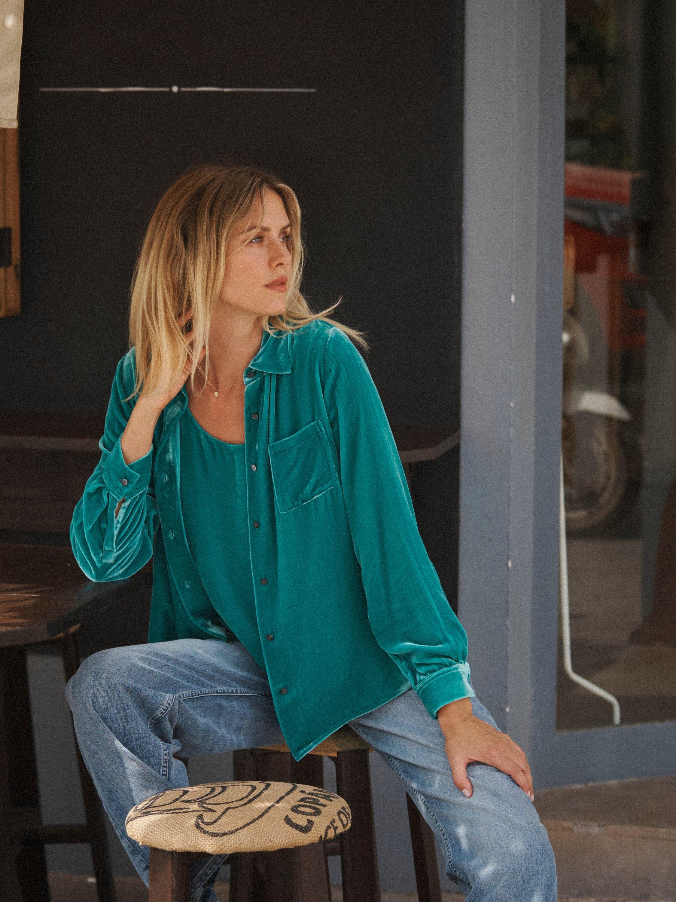 Product image 3 of 4, which shows NRBY Chiara Silk Blend Velvet Shirt, Sea Green, S