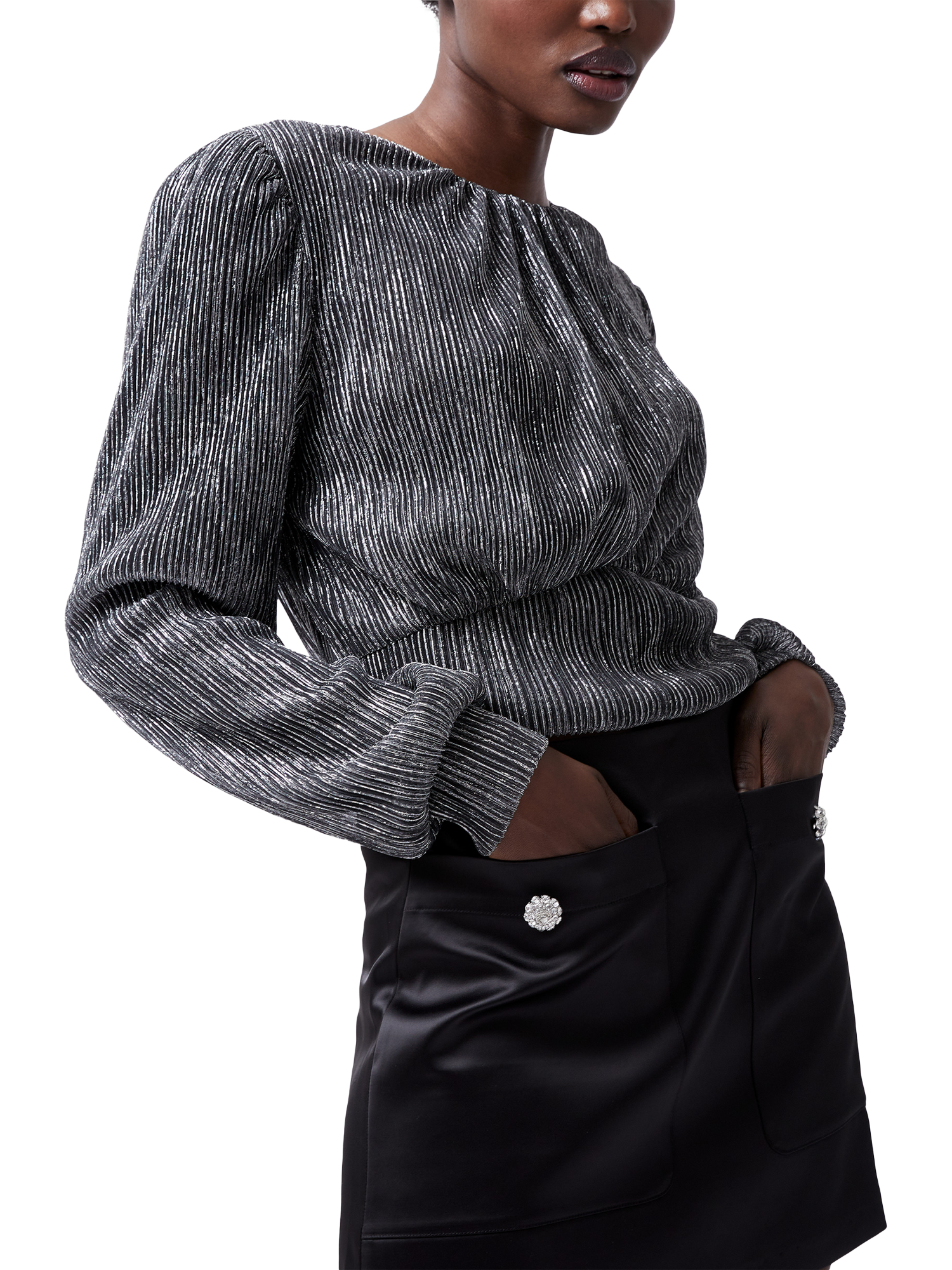 French Connection Tamy Plisse Top, Silver