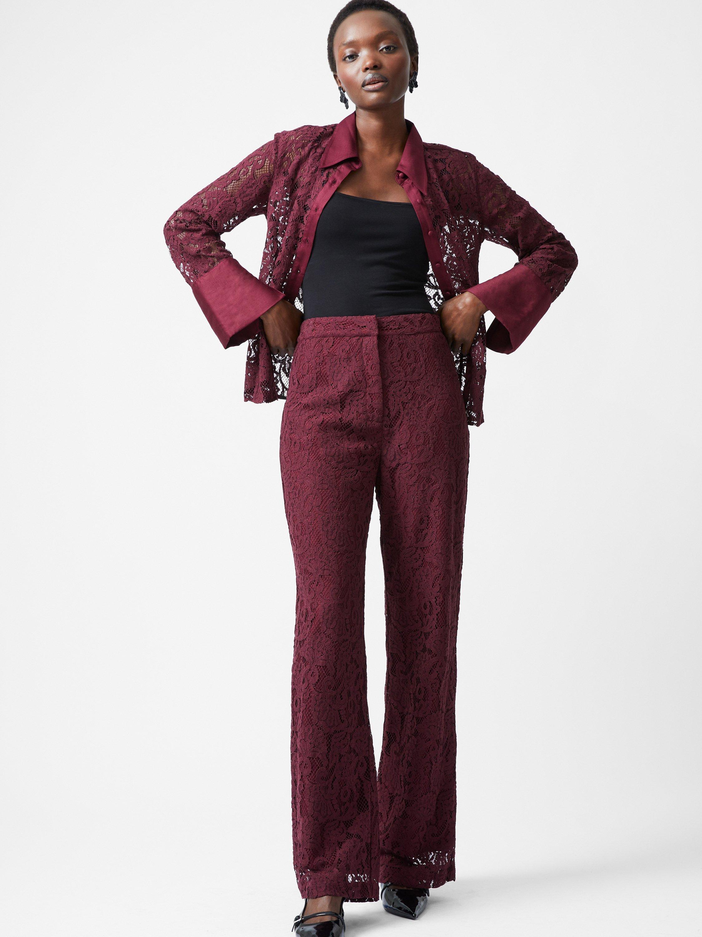 French Connection Asura Lace Flared Trousers, Burgundy