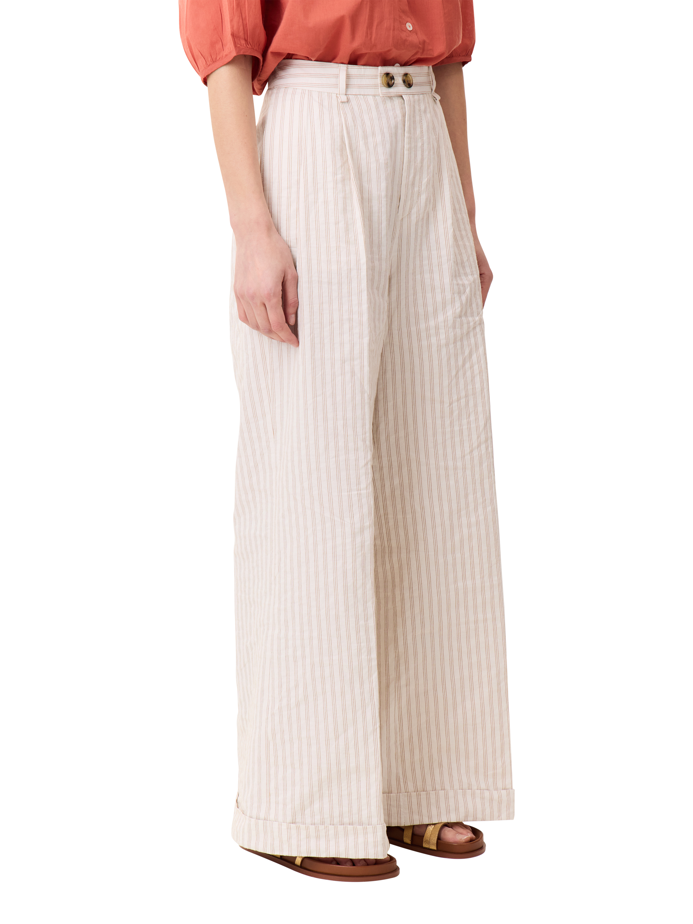 Product image 1 of 6, which shows Leon & Harper Popsi Striped Cotton Blend Wide Leg Trousers, White/Brown, 34