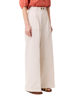 Leon & Harper Popsi Striped Cotton Blend Wide Leg Trousers, White/Brown, White/Brown