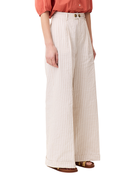 Leon & Harper Popsi Striped Cotton Blend Wide Leg Trousers, White/Brown, White/Brown