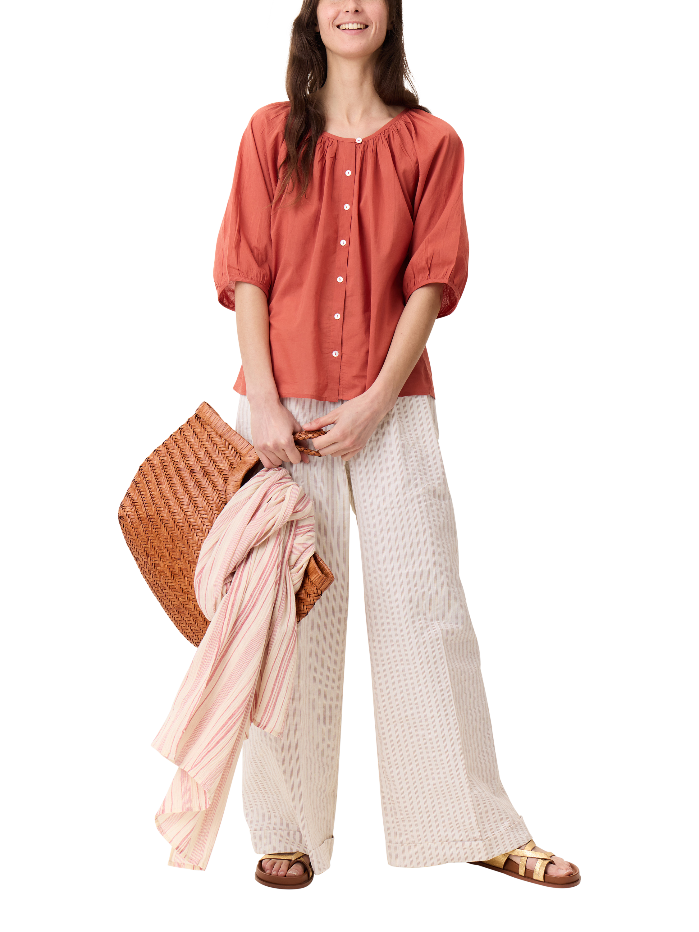 Product image 2 of 6, which shows Leon & Harper Popsi Striped Cotton Blend Wide Leg Trousers, White/Brown, 34