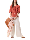 Leon & Harper Popsi Striped Cotton Blend Wide Leg Trousers, White/Brown