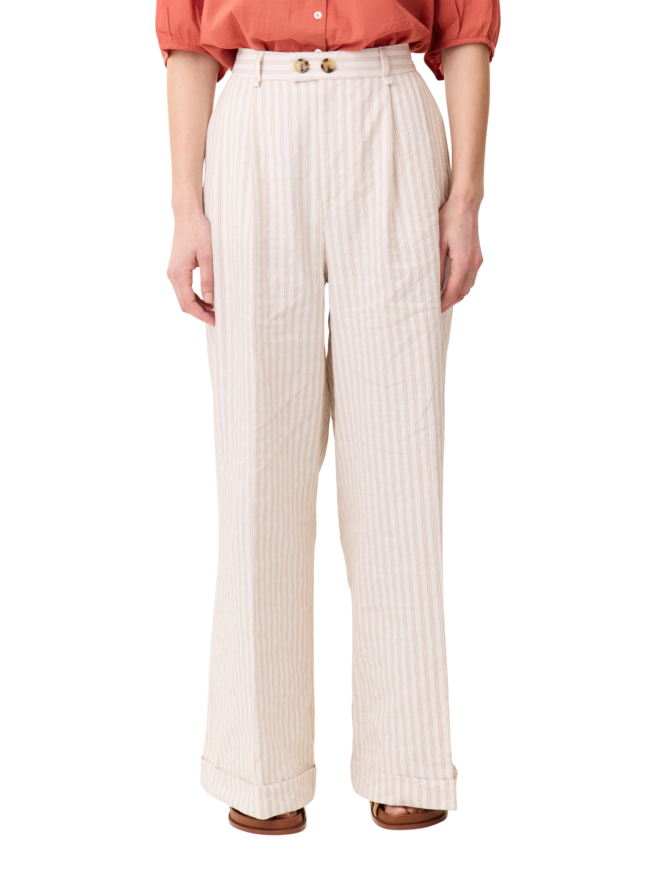 Product image 5 of 6, which shows Leon & Harper Popsi Striped Cotton Blend Wide Leg Trousers, White/Brown, 34