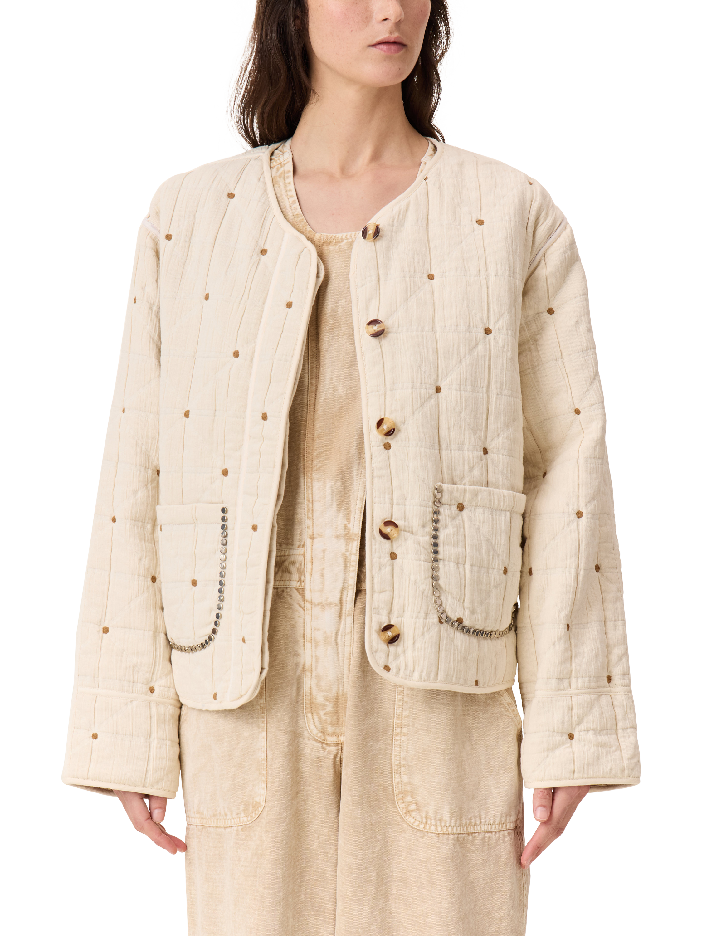 Product image 1 of 7, which shows Leon & Harper Vahala Quilted Jacket, Ecru, M