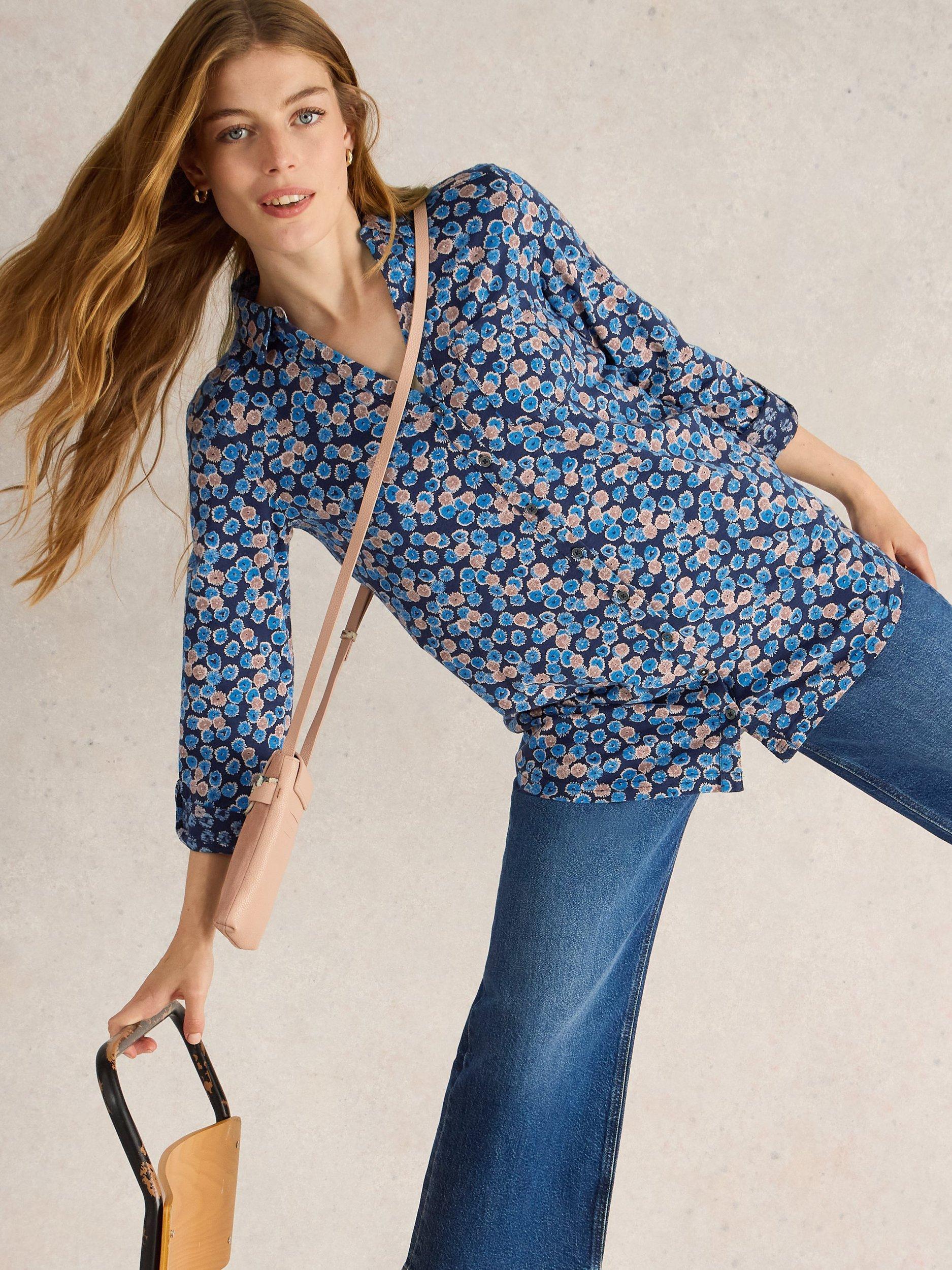 Product image 4 of 6, which shows White Stuff Annie Cotton Shirt, Blue/Multi, 8