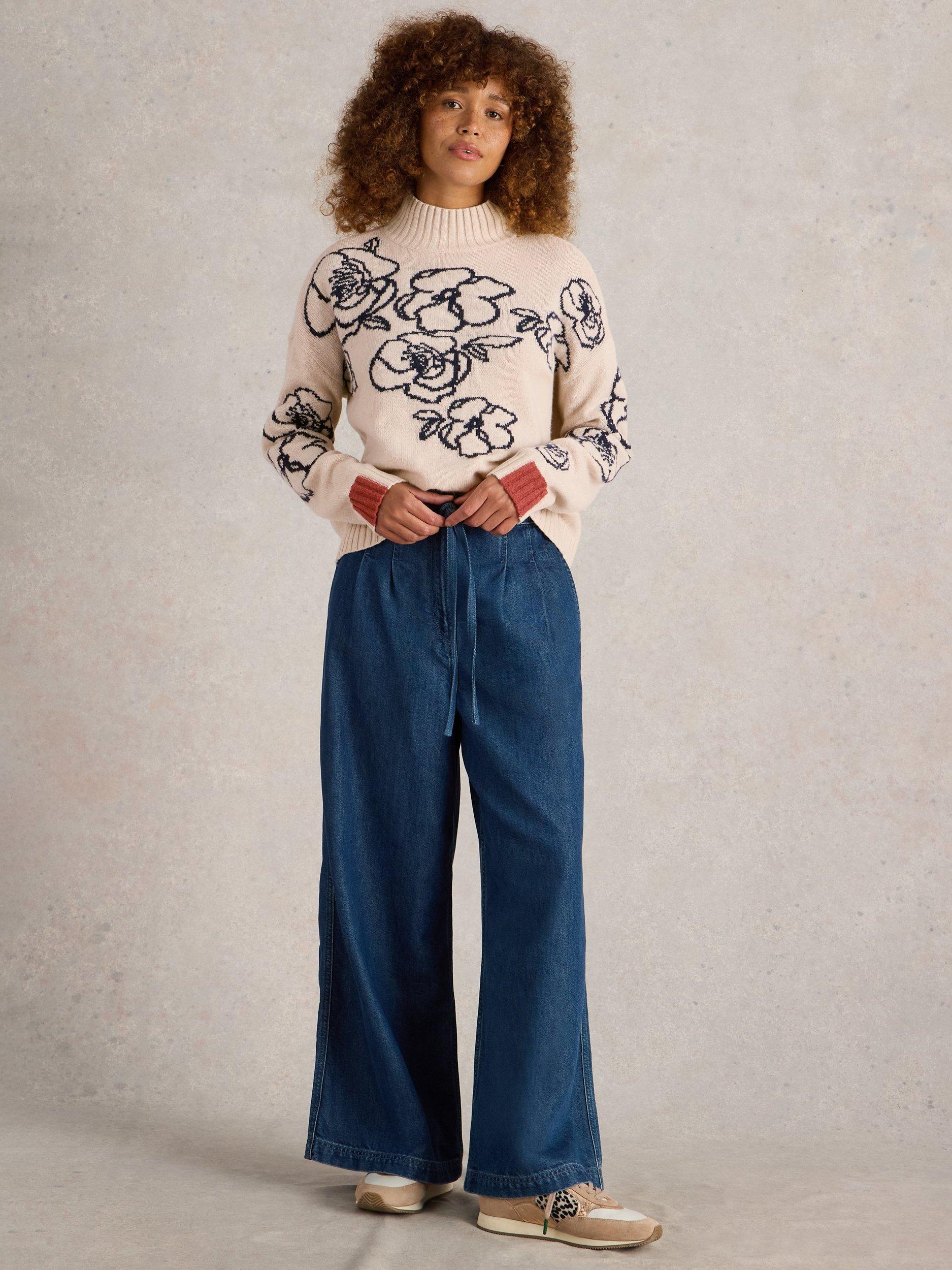 Product image 1 of 6, which shows White Stuff Sprig Floral Lambswool Blend Jumper, Nat Mlt, 8