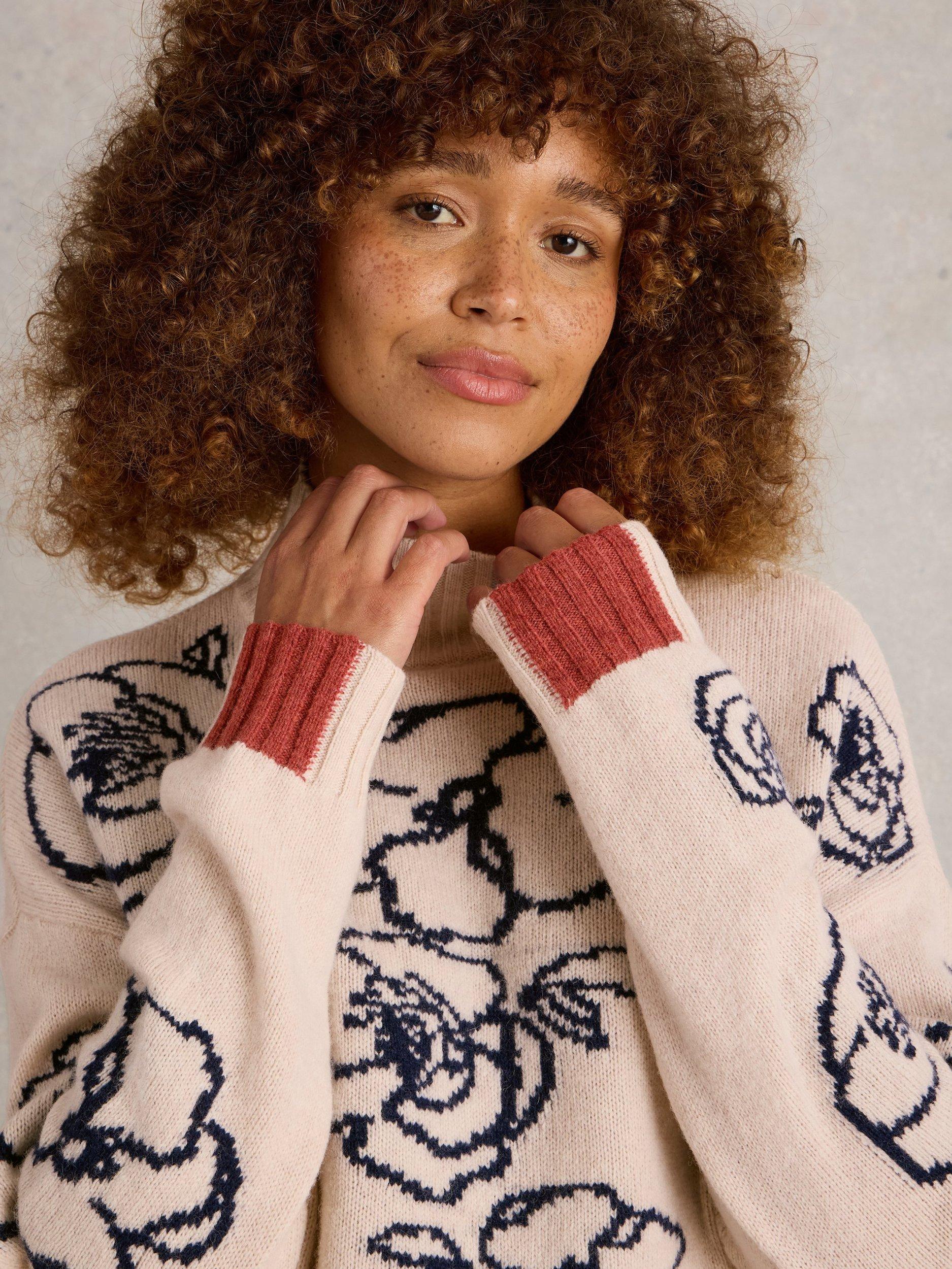 Product image 3 of 6, which shows White Stuff Sprig Floral Lambswool Blend Jumper, Nat Mlt, 8