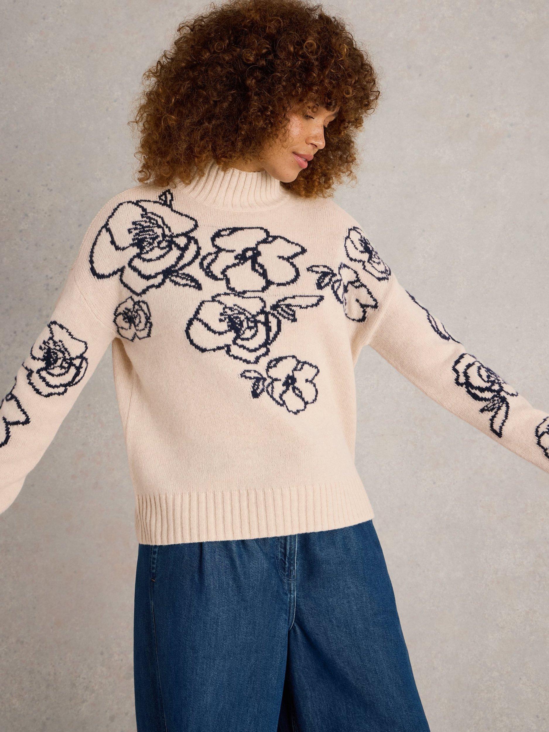 Product image 4 of 6, which shows White Stuff Sprig Floral Lambswool Blend Jumper, Nat Mlt, 8