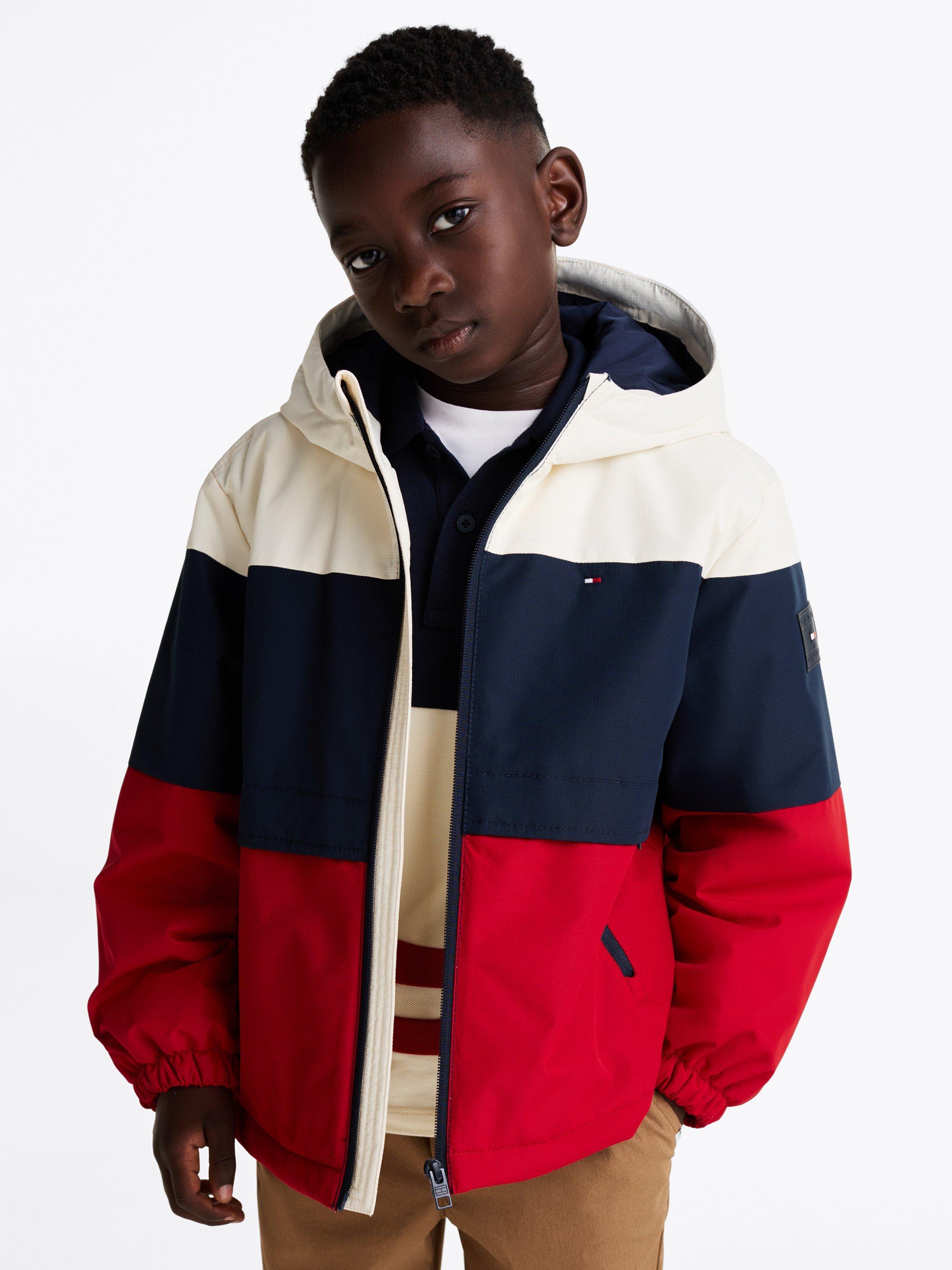 Product image 1 of 2, which shows Tommy Hilfiger Kids' Hooded Rain Jacket, Dark Night Navy Red, 10 years