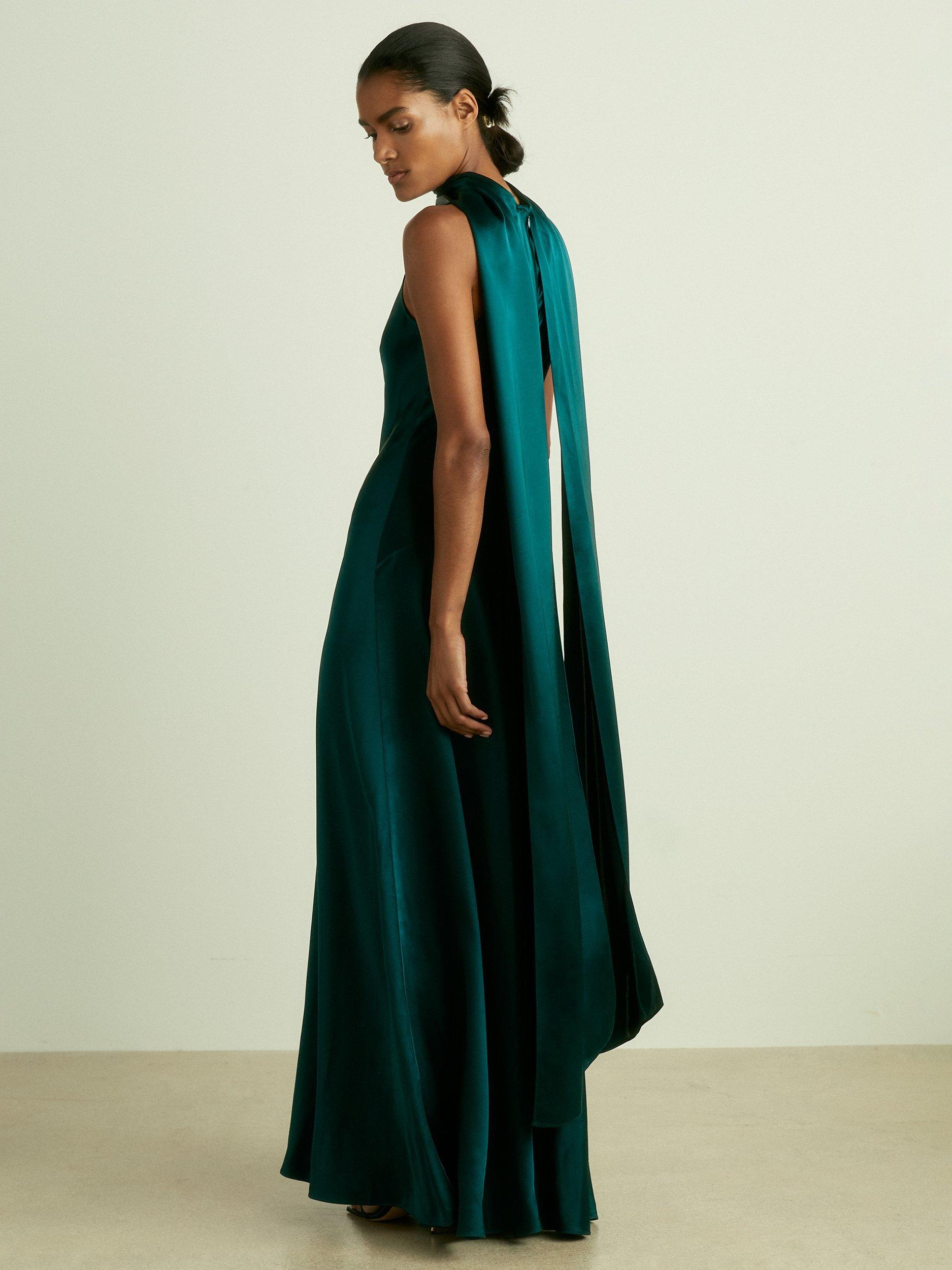 Reiss Petite Fae Satin Cape Maxi Dress Teal