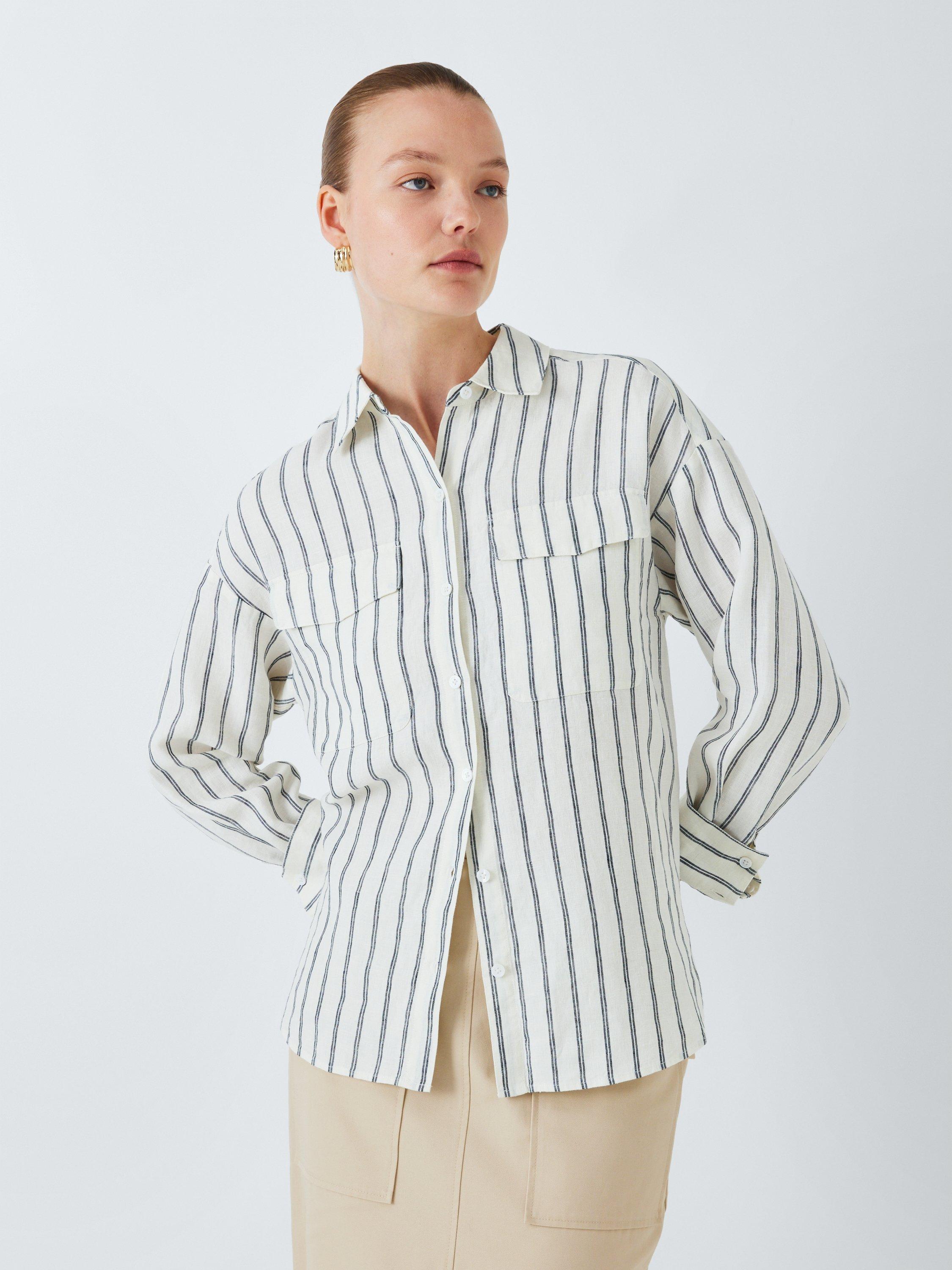 Product image 1 of 6, which shows John Lewis Pure Linen Stripe Shirt, Off White, 8