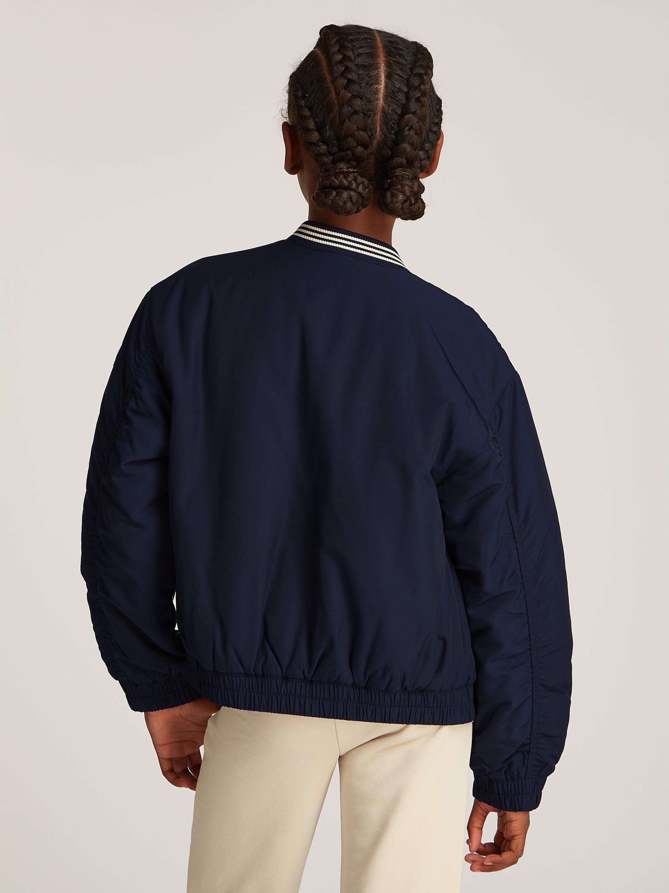 Product image 2 of 5, which shows Tommy Hilfiger Kids' Satin Varsity Bomber Jacket, Dark Navy, 10 years