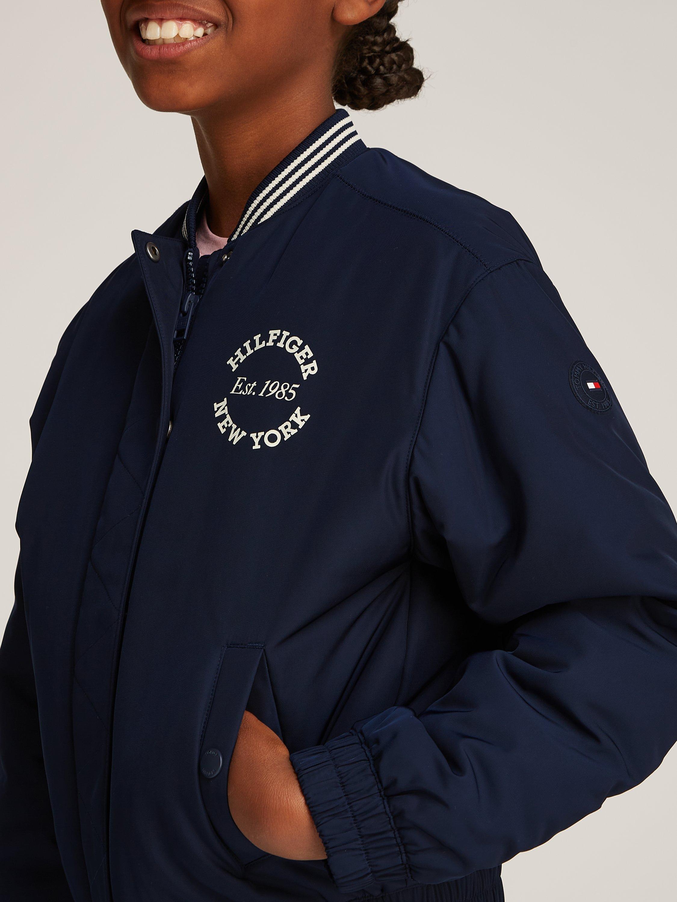 Product image 3 of 5, which shows Tommy Hilfiger Kids' Satin Varsity Bomber Jacket, Dark Navy, 10 years