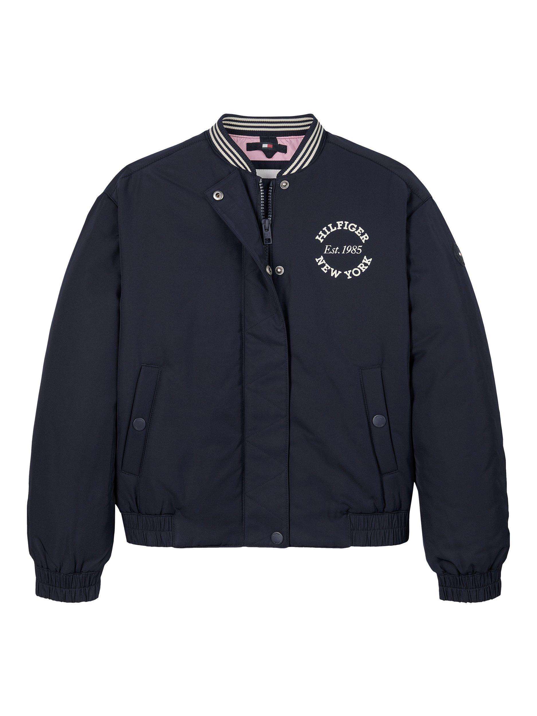 Product image 4 of 5, which shows Tommy Hilfiger Kids' Satin Varsity Bomber Jacket, Dark Navy, 10 years