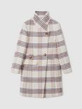 Reiss Kids' Claude Wool Blend Funnel Neck Check Coat, Brown/Multi