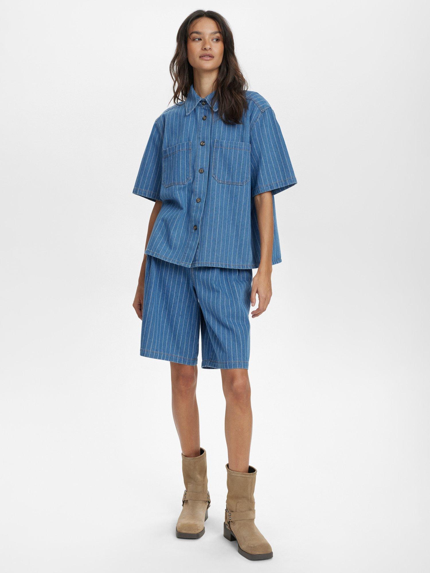 Product image 3 of 7, which shows Numph Lucie Stripe Denim Shirt, Blue/White, M-L