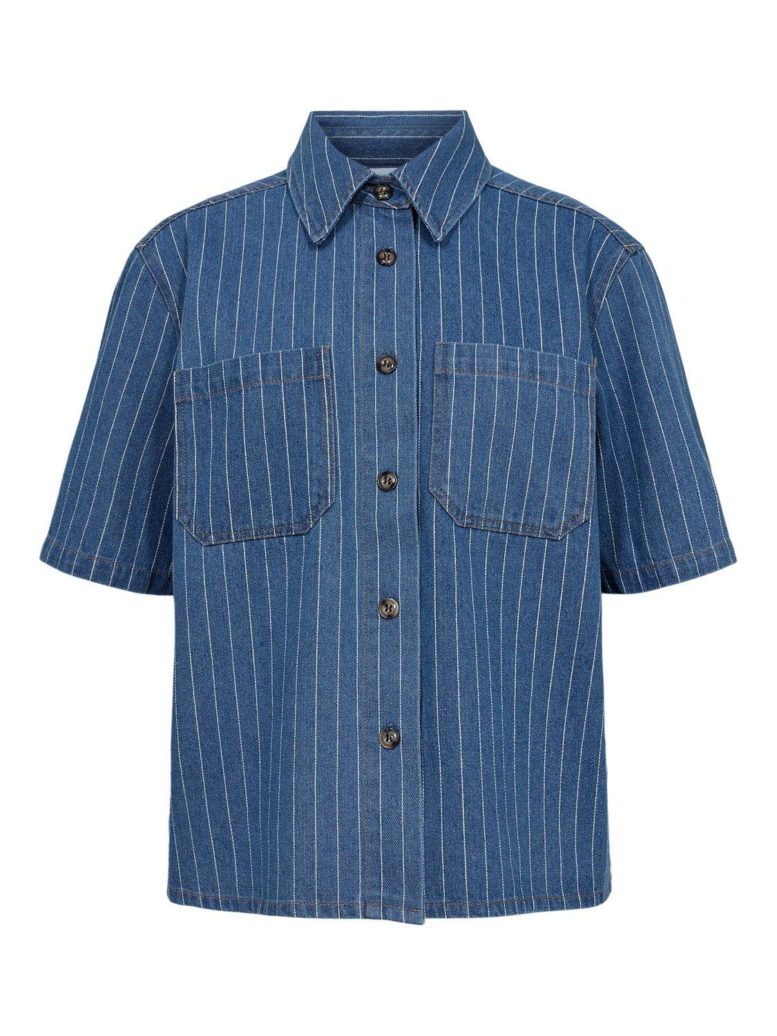 Product image 6 of 7, which shows Numph Lucie Stripe Denim Shirt, Blue/White, M-L