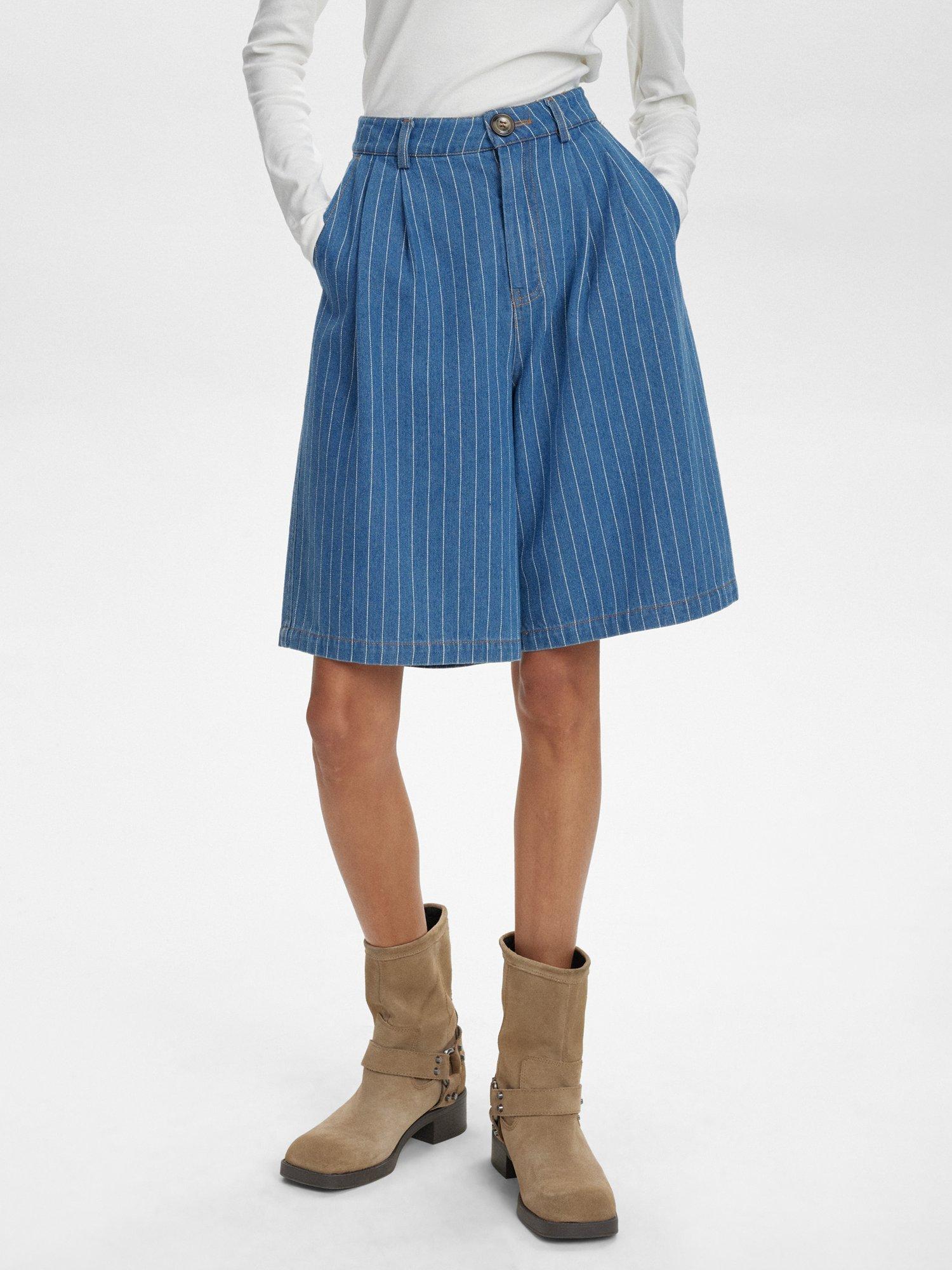 Product image 1 of 7, which shows Numph Lucie Stripe Denim Shorts, Blue/White, 34