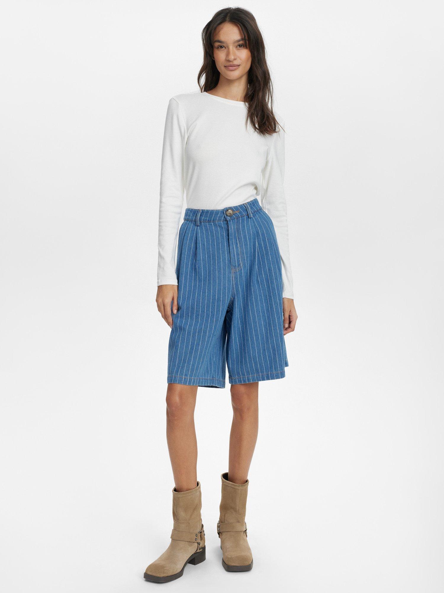 Product image 3 of 7, which shows Numph Lucie Stripe Denim Shorts, Blue/White, 34