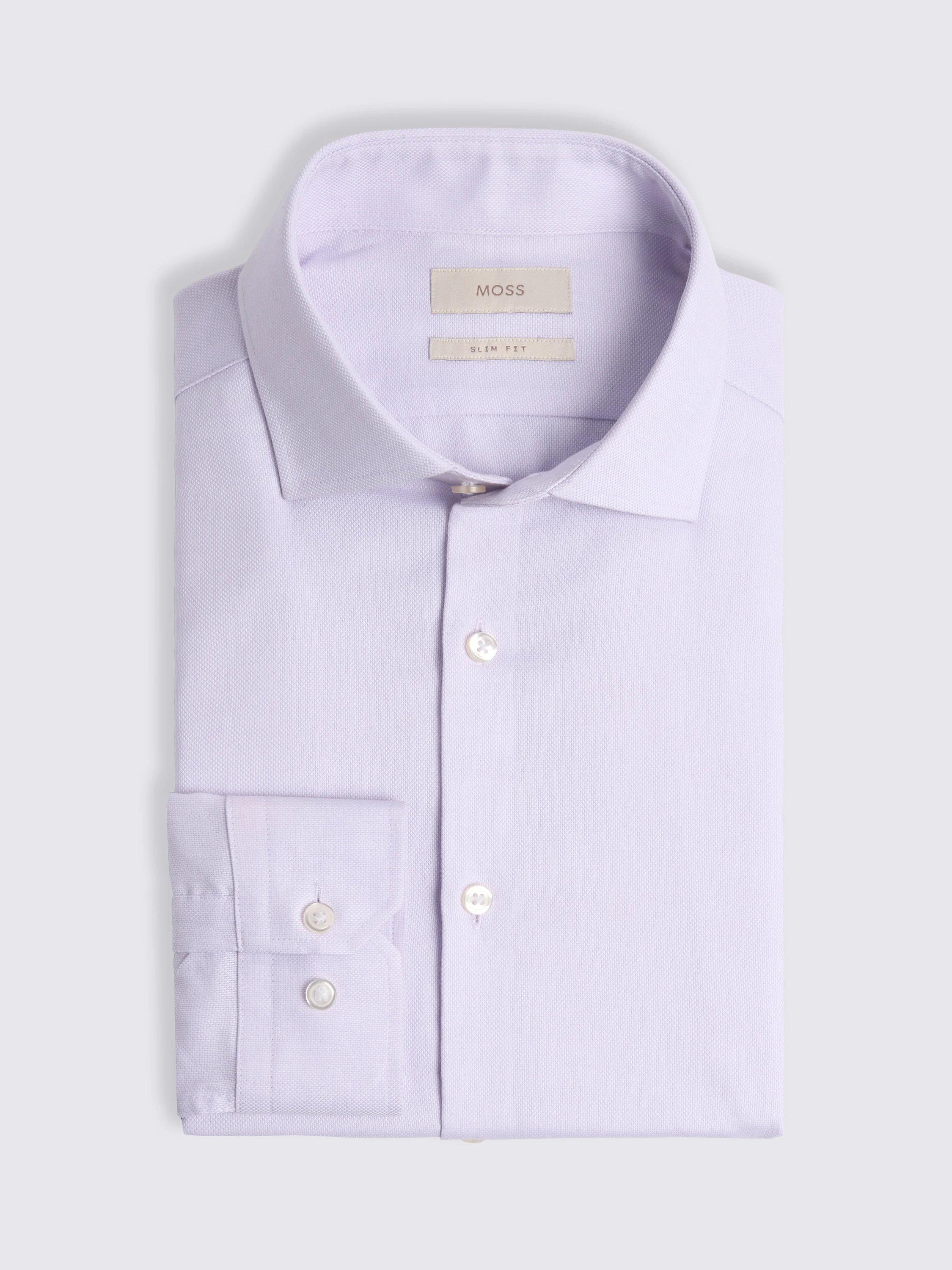 Product image 4 of 4, which shows Moss Slim Fit Sky Dobby Cotton Blend Stretch Shirt, Lilac, 14
