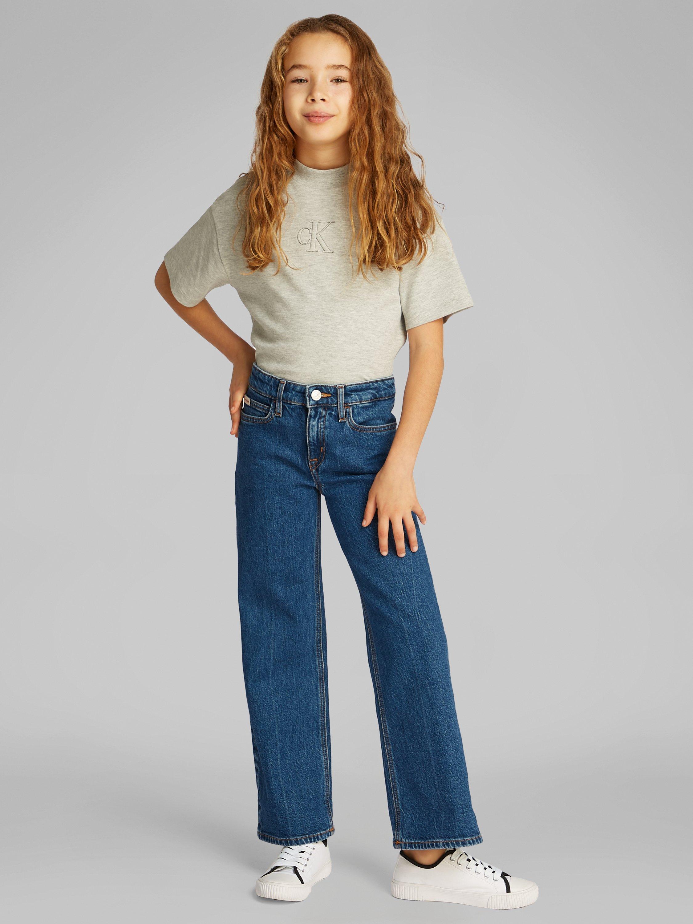Product image 1 of 5, which shows Calvin Klein Kids' High Rise Wide Leg Jeans, Selvedge Blue, 8 years