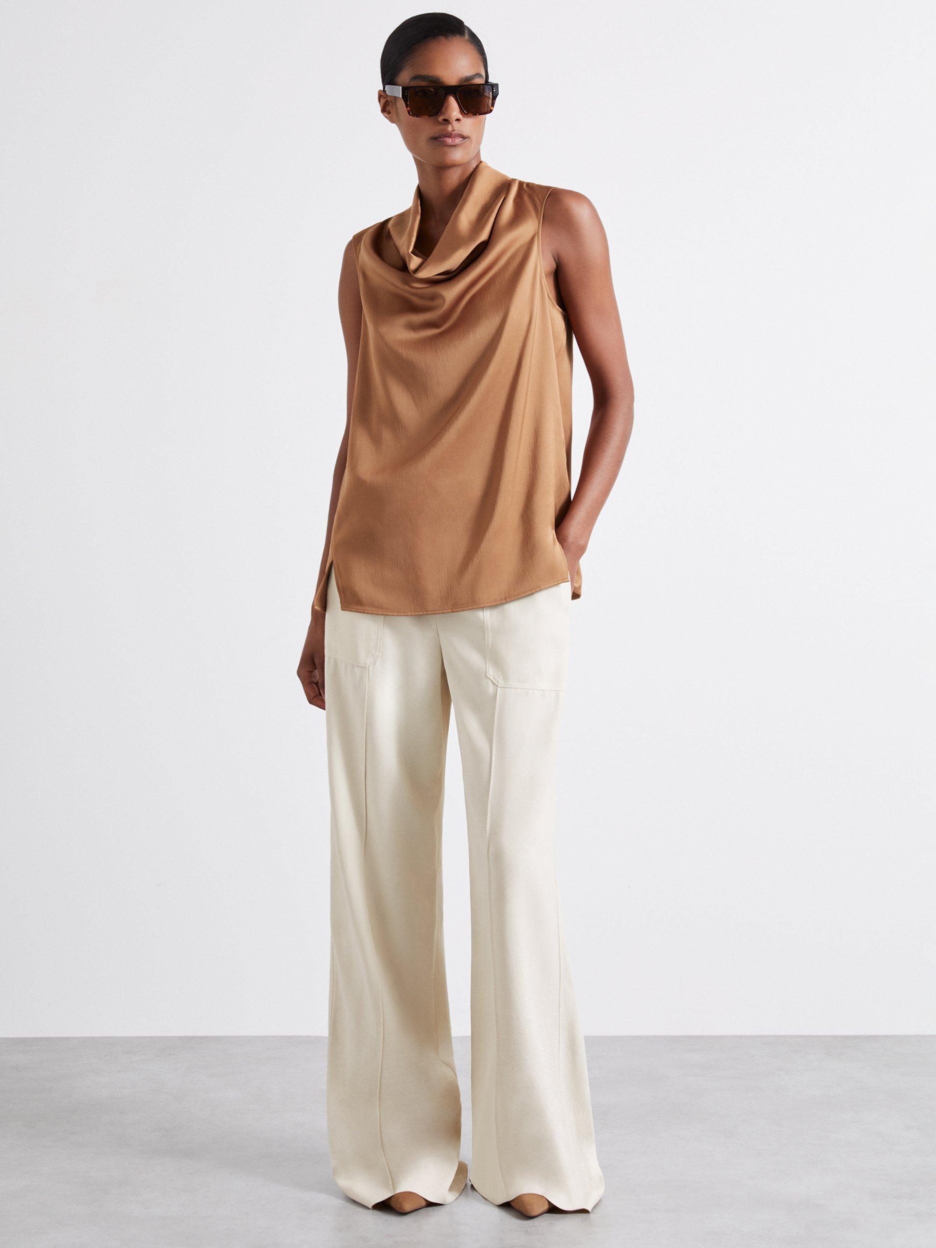 Reiss Atelier Manon Satin Cowl Neck Top, Tan