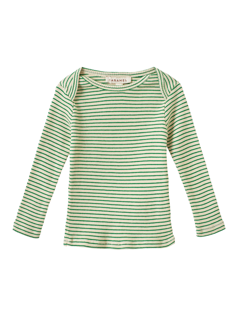 Product image 1 of 2, which shows Caramel Baby Kishon Cotton Stripe Long Sleeve T-Shirt, Green/Cream, 3 months