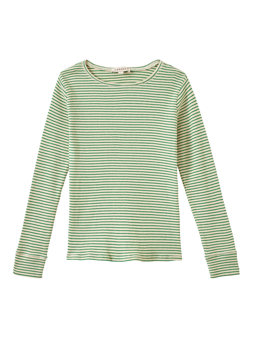 Product image 1 of 2, which shows Caramel Kids' Kishon Cotton Stripe Long Sleeve T-Shirt, Green/Cream, 3 years