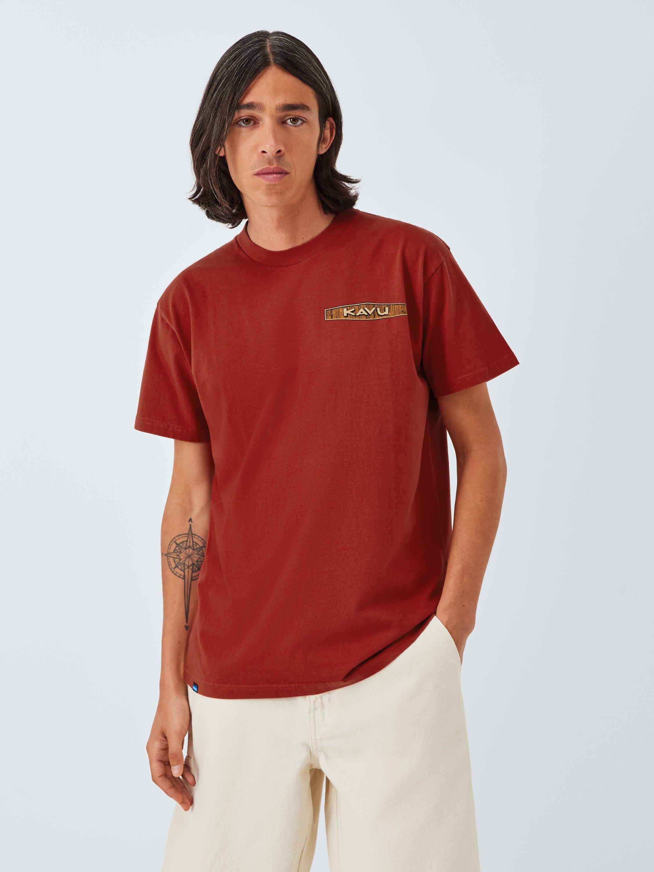 Product image 1 of 6, which shows KAVU Pass The Time Logo Organic Cotton T-Shirt, Bold Brick, S